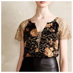 Anthro HD in Paris Black Silk Gold Lace Floral Top